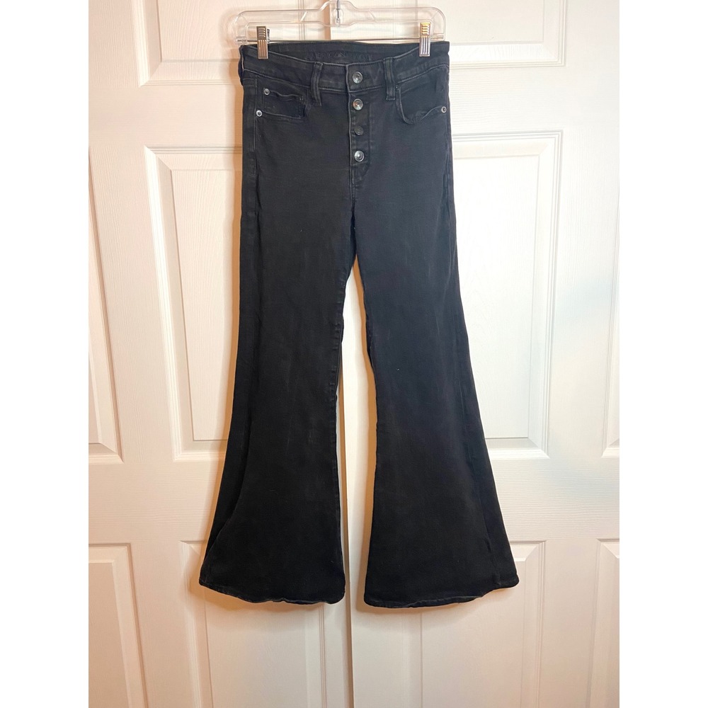 American Eagle Black High Waisted Button Fly Flare Jeans Next Level Stretch 6